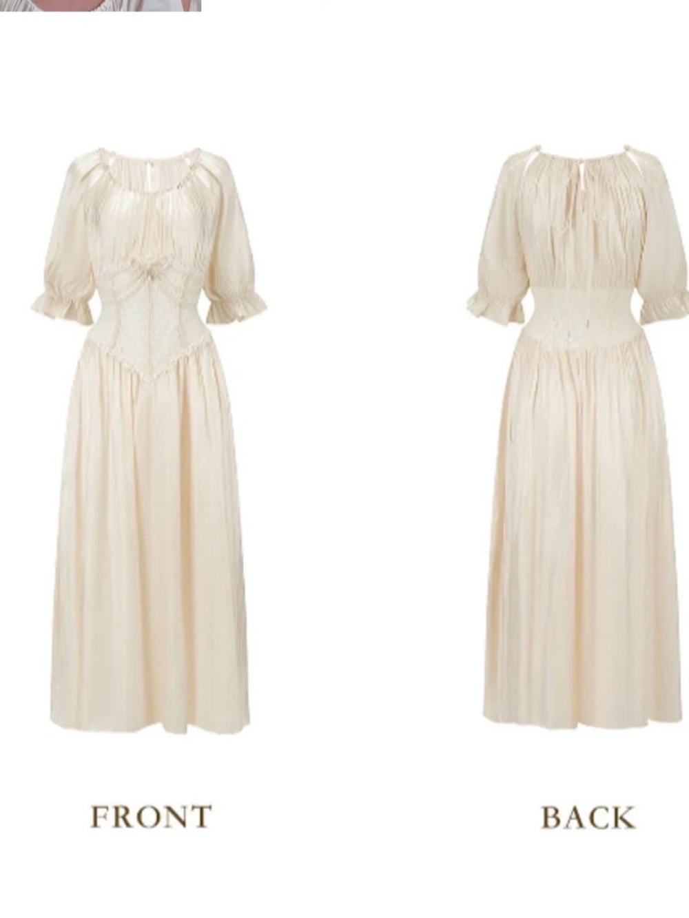 Elegant Ivory Satin Corset Midi Dress with Puff Sleeves - Picture 2 of 9
